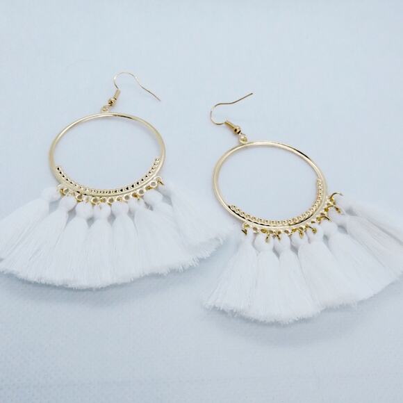 Francesca's Boho White Gold Hoop Tassel Earrings - Picture 3 of 4